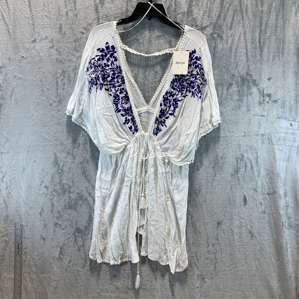 Raviya Women's Swimsuit Cover Up 1X Plus White Tie Front Blue Floral Embroidered
